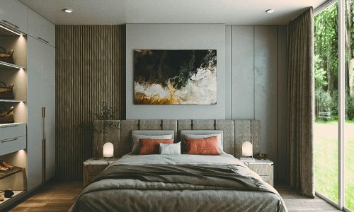 A modern bedroom with stylish decor and abundant natural light