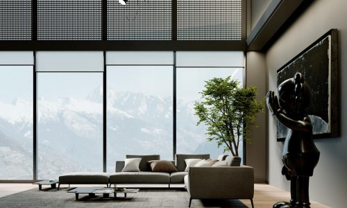 Sophisticated modern living room featuring elegant decor and a scenic mountain view.