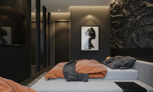 Explore a sleek bedroom with black walls, modern design, and artistic elements for stylish interiors.