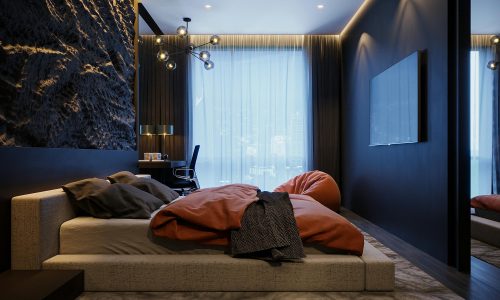 A sleek and stylish modern bedroom featuring a chic design with elegant lighting and decor.