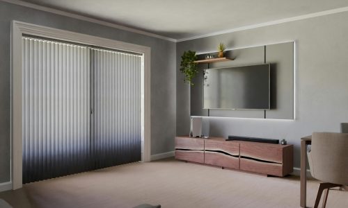Sleek minimalist living room with TV, sofa, and natural light.