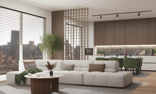 Stylish open-plan living room and kitchen in modern urban apartment with city view.