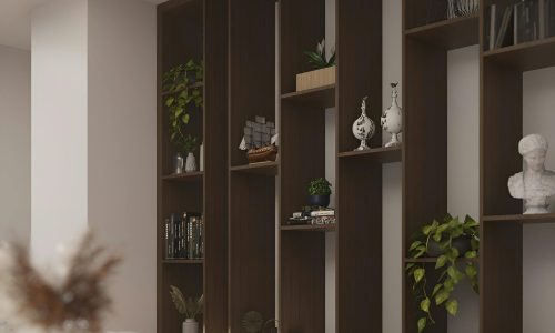Stylish living room with sleek wooden shelves featuring books, plants, and decor.