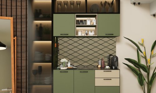 Stylish modern kitchen design featuring green cabinets, dark wood accents, and plant decor.