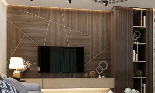 Chic modern living room with geometric wood panels, elegant chandelier, and cozy decor.