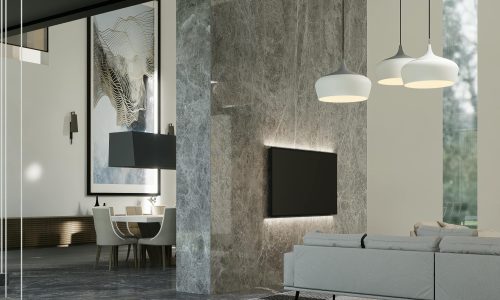 A sleek modern living room with marble features, stylish lighting, and minimalistic decor for elegant interiors.