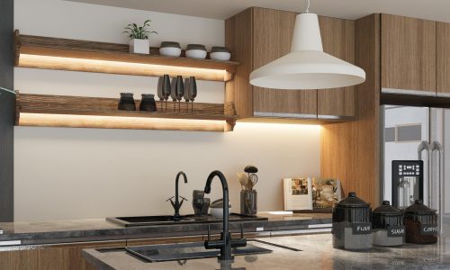 Sleek kitchen design featuring wooden cabinets, open shelves, and stylish lighting.