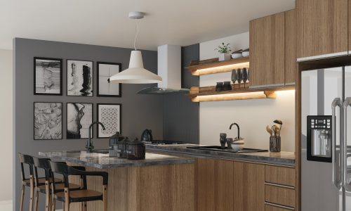 Modern kitchen with wooden cabinets and sleek interior design elements.