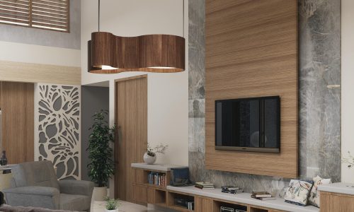 A stylish living room featuring modern and minimalist interior design elements with wooden finishes.