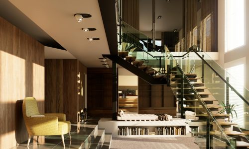 A spacious modern Indian interior featuring glass staircases, wood finish, and a cozy ambiance.