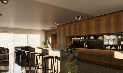 Modern minimalist kitchen with wooden cabinets and sleek decor.