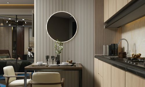 Sleek modern kitchen with minimalist design and elegant dining setup. Perfect for urban lifestyle imagery.